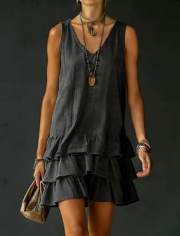 2026 Summer Casual Simple Solid Color Dress Women's Elegant Solid Color V-Neck Sleeveless Loose Layered Ruffle Edge Vest Dress