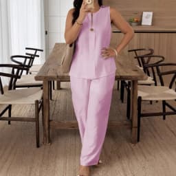 Summer Women Fashion 2 Piece Set Solid Button Tank Tops & Vintage HIgh Elastic Waist Pants Sets Female Chic Pants Suit Outfits