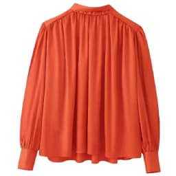 Women‘s Bow Tie High Neck Satin Blouse Orange Long Sleeve Pleated Loose Fit Elegant 2026 Office Workwear Top