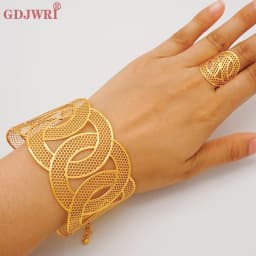 France Luxury Chain Cuff Bangle & Ring For Women Dubai Gold Color Indian Moroccan Big Bracelet Jewelry Arabic African Wedding