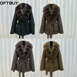 OFTBUY Real Fox Fur Collar Duck Down Jacket Women Mid-Length Puffer Jacket Luxury Slim Belted Waist Winter Warm Outerwear