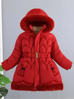 2024 New Winter Keep Warm Girls Jacket Waist Belt Design Detachable Hat Lining Plush Hooded Heavy Coat For Kids