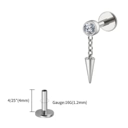 Right Grand ASTM F136 Titanium Bezel CZ Dangle Cone Labret Cartilage Earring Conch Helix Stud Tragus Spike Chain Drop Earring