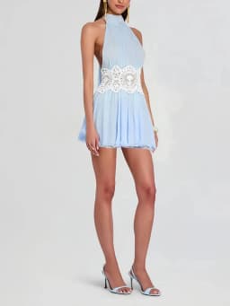 Sexy Patchwork Mini Dress Women Halter Backless See Through Ribbon Fold Vestidos Female 2026 Summer New Beach Vacation Dresses