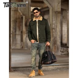 TACVASEN Turn-down Collar Winter Cotton Jackets Mens Sherpa Fleece Trucker Parka Green Work Cargo Coats Clothes Overcoats