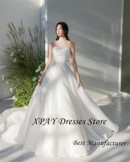 XPAY Princess Silk Organza A Line Wedding Dresses Photo shoot Strapless Beads Floor Length Bridal Gowns Korea Customized Corset