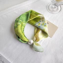 New Pearl Buckle Silk Scarf Printed Thin Neck Scarf Lightweight Soft Neckerchief Women