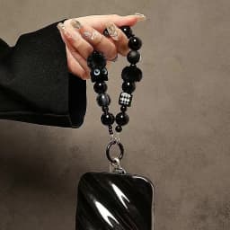 Niche Luxury Black Fluffy Cat Mobile Phone Strap with Beaded Handle Chain Wrist Anti-Theft Clip Bag Accessory