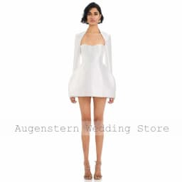 Customized Simple Bride Gowns Mini Satin A-line Women's Wedding Party Dresses White Button Long Sleeve Civil Wedding Dress Short