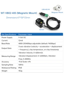 WitMotion WTVB01-485 Arduino Vibration Sensor,3axis IP68 Modbus Vibration Analyzer(Vibration Acceleration/Speed)for PLC & Python