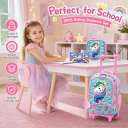 3PCS Rolling Backpack for Girls Kids Roller Wheels Bookbag with Lunch Bag Pink Unicorn Glow-in-the-dark Function