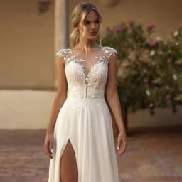 Customized Chiffon Wedding Dresses Beaded Lace Applique Cap Sleeve Sheer Neck Illusion Buttons Bridal Gown with Slit Boho Simple
