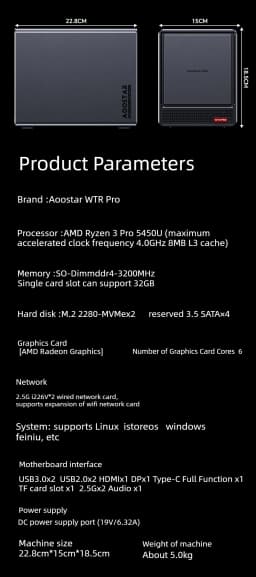 AOOSTAR WTR Pro NAS Mini PC AMD Ryzen 3 Pro 5450U 1*DDR4 Support 3.5" HDD*4 2*M.2 NVMe SSD 2*2.5G LAN Desktop NAS DIY Computer