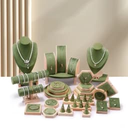 Solid Wood Green Velvet Jewelry Display Stand for Ring Stud Necklace Pendant Bracelet Storage and Display Rack