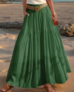 2026 Belted Hem A-line Solid Color Elastic Waist Skirt Women's Summer New Beach Vacation Commuting Camping All-match Long Skirt