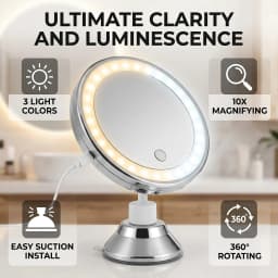 Suction Cup Makeup Mirror with 3 Light Colors Alloy 22 LED Lamp Beads 10x Magnify Rotating Mirror Easy Install Battery Powered