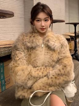 Leopard Faux Fur Coat Women Winter Thick Warm Vintage Streetwear Jacket Casual Zipper Female Retro American Hip Hop Outwear Tops