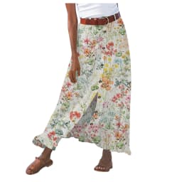 Summer Women's Skirt Cotton Linen Important Button Slit Flower Print Fashion Versatile Vacation Beach Midi Skirt