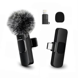 Wireless Mini Lavalier Clip Mic with Furry Windscreen, Dual‑Port Type‑C & Lightning Adapter for iPhone, Android, Tablets, Laptop