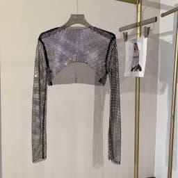 2025 New Summer Sexy Bright Diamond Short Thin Tops Slim Hot Drill Long-sleeved T-shirt Sexy Leak Waist Blouse