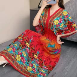 n Long Print Dr V-Ne Slimming Cotton Silk Beachwear Casual High Waist Summer Women's Loose Fit Overhead Dr