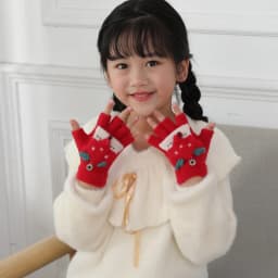 6-10 Years Old Boy Girl Fur Wool Knit Kid Soft Half Finger Flip Glove Children Winter Warm Cute Cartoon Fox Knit Mitten I89