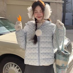 Korean Cropped Polka Dot Hooded Cotton-padded Jacket Women Zip Up Casual Winter Warm Outerwear Woman Sweet Cute Puffer Jackets