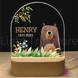 Personalized Baby Birth Night Light Custom Name Animal Elephant Lion with USB Wood Base Lamp for Bedroom Table Rainbow Decor