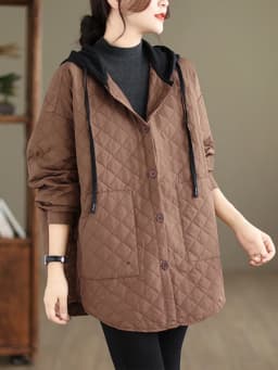 Large Size Women's Faionable Lightweight Hooded Cotton Jaet Autumn Winter New Arrival Diamond Pattern Loose Casual Coat