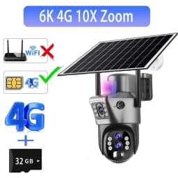 Solar Outdoor Surveillance Camera 4G Sim 6K 12MP Three Lens 10 Digital Zoom Wireless Cctv PTZ IP66 Security Solar Panel Cameras