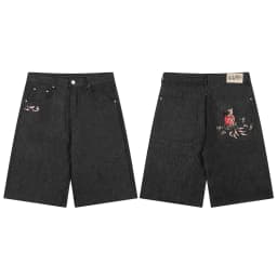 Masked Goddess Embroidered Flowered Jens Shorts for Men and Women High Street Washed Baggy Casual Five Point Denim Pants