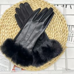 Women Winter Warm PU Leather Suede Splicing Plus Velvet Thicken Gloves Fashion Elegant Cycling Drive Touch Screen Plush Wrist