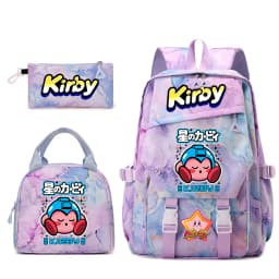 Kirby Cartoon Print Student Backpack Set for Girls with Lunch Bag and Pencil Case School Bookbag Lightweight Daypack