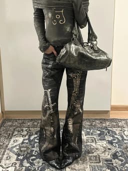 Large American Hot Girls Snake Skin Printing Patchwork Denim Pant New Slim Straight Slight Flare Gothic Punk Black Long Trousers