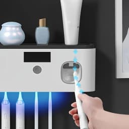 1 Smart Toothbrush Sterilizer, Toothbrush Storage Rack with 5 Brush Slots, Toothpaste Dispenser, Wall Mounted Holder