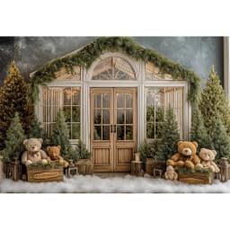 White House With Christmas Tree and Little Bear Photography Backdrop Kids Baby Cake Smash Photocall Studio Backgrounds