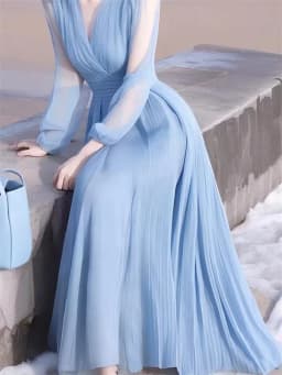 Elegant V-Neck Solid Color Loose Ruffles Long Dress Women's Clothing 2026 Summer New Long Sleeves Blue Chiffon Lady Party Dress