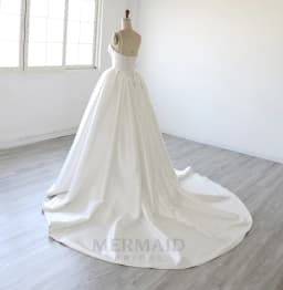 Spaghetti Straps V Neck Chapel Train Mikado Ball Gown Wedding Dress