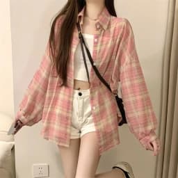 Sheer Chiffon Plaid Shirt for Women Ovesized Collared Button-down Blouse Summer Laides Slouchy Casual Outfit