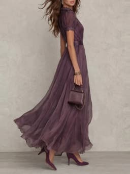 Vintage Solid Lace A-Line Long Dress Women's O Neck High Waist Pleated Party Dress Summer Short Sleeve Flowy Maxi Dresses