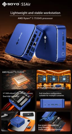Soyo S5 Air Mini Pc Amd Ryzen 5 16Gb Ddr5 512Gb Ssd Radeon 660m Graphics Display 6×Usb3.0 Home Office Micro Desktop Computer