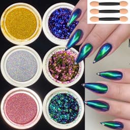 6 Pcs Elegant Mirror Chrome Effect Metallic Dust Holographic Glazed Manicure Decoration Reflective Gold Silver Glitters Powder