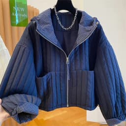 Women's Jacket Hooded Cotton Jacket Women's Plaid Stitching Cotton Jacket Autumn new Thin Cotton Coat in Cotton-padded Jacket