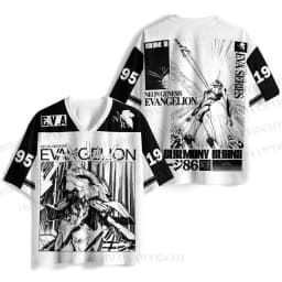 New Anime Evangelion Rei Ayanami Unit-00 Print Mesh Jersey T-shirt Men Oversized Streetwear V-Neck Casual Short Sleeve Tops