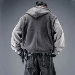 Washed Distressed Fake Two Piece Patchwork Punk Vintage Hoodies Man Techwear Gothic Zip Up Hoodie Street Wear