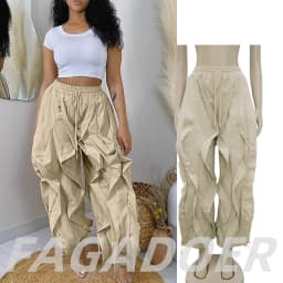FAGADOER Casual Ruched Patchwork Lantern Sleeve Pants Women High Waist Drawstring Patchwork Pants Female Streetwear Trousers New