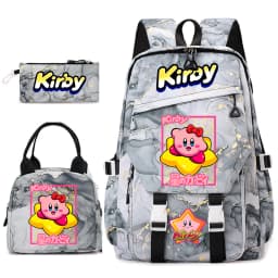 Kirby Cartoon Print Student Backpack Set for Girls with Lunch Bag and Pencil Case School Bookbag Lightweight Daypack