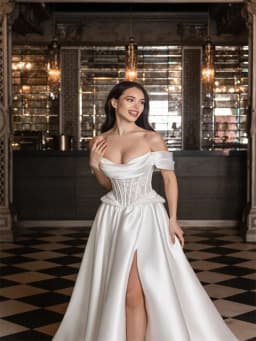 Customized Modern Off Shoulder Neckline Satin A-Line Wedding Dress Elegant Lace-up Back Floor Length High Slit Gown For Bride