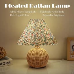 Vintage Wicker Table Light with Pleated Lampshade Bedside Lamp Farmhouse Boho Rattan Lamps for Bedroom Living Room Home Decor