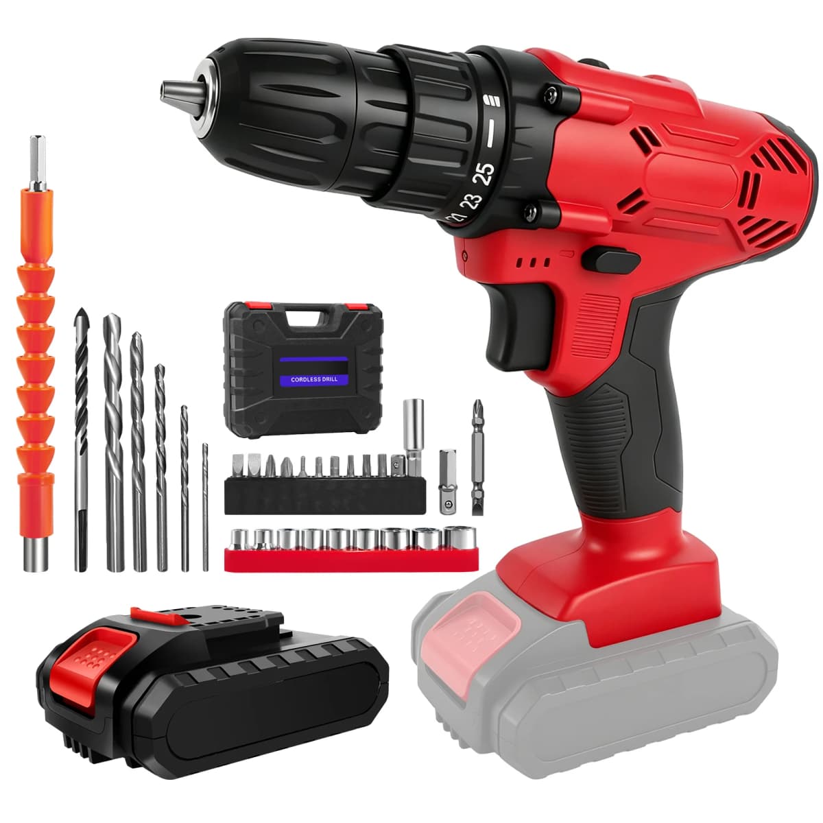 Feytory Cordless Drill Driver 21V Battery Drill Set 25+1 Torque Electric Screwdriver, 2 Speeds with LED Light, Home Power Tool